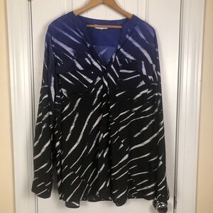 Calvin Klein Womens Blouse Size 1X Flowy Black Blue Zebra Print Pullover Tunic